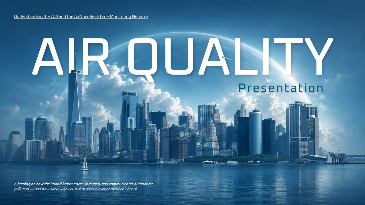 Air Quality Presentation Template - Bold title cover slide with city skyline and dramatic cloudscape