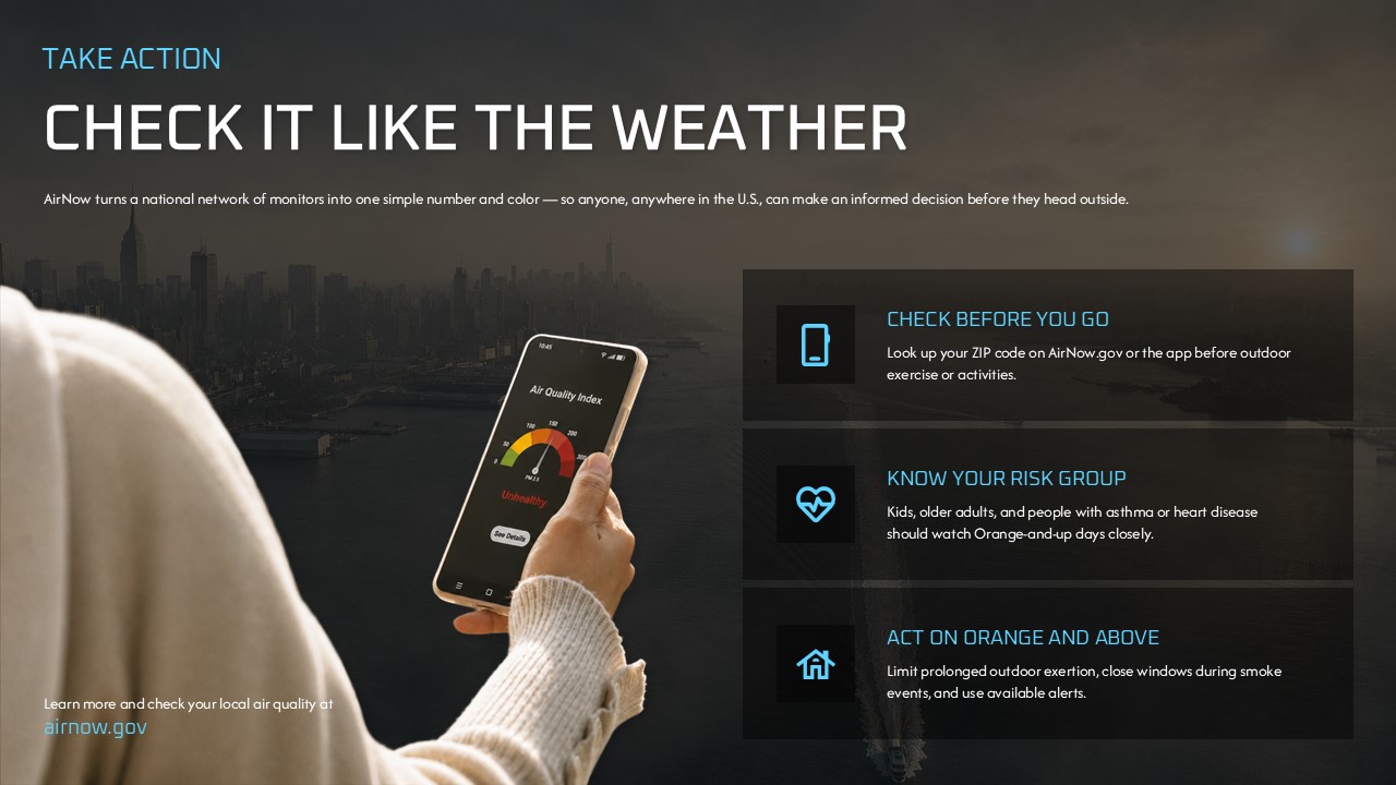 Air Quality Presentation Template - Call-to-action slide with AirNow app mockup and three behavioral action cards