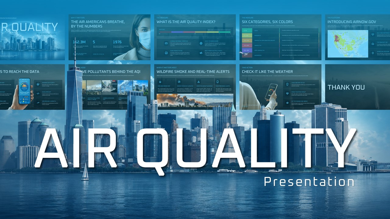 Air Quality Presentation Template - Full deck preview with 11 dark navy slides and cyan accents