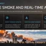 Air Quality Presentation Template - Wildfire smoke slide with four alert feature cards and dramatic sky photo