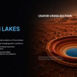 Ancient Mars Water Crater Lakes Template - Cross-section diagram of ancient Martian crater lake with layered sediments and vivid blue water pool