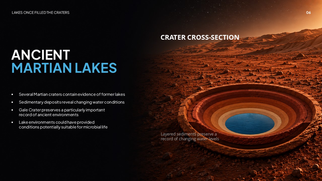 Ancient Mars Water Crater Lakes Template - Cross-section diagram of ancient Martian crater lake with layered sediments and vivid blue water pool