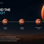 Ancient Mars Water Disappearance Timeline Template - Five-node horizontal timeline tracing Mars water history from thick atmosphere to frozen remnants
