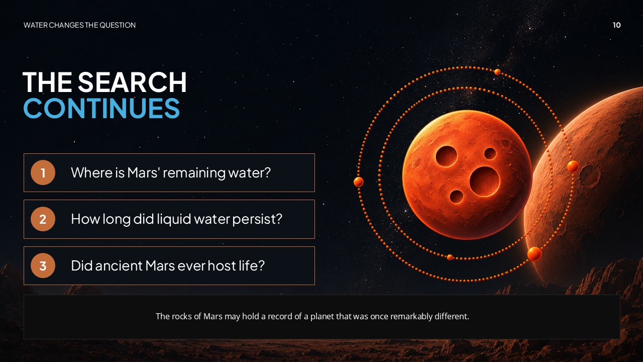 Ancient Mars Water Future Research Questions Template - Closing slide with three numbered open questions and a decorative Martian orbital diagram