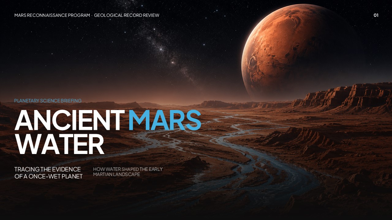 Ancient Mars Water Google Slides Template - Cinematic title slide with Martian river delta, starfield, and bold two-tone headline