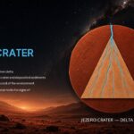 Ancient Mars Water Jezero Crater Delta Template - Circular delta fan diagram with blue river channel lines inside a Martian crater cross-section