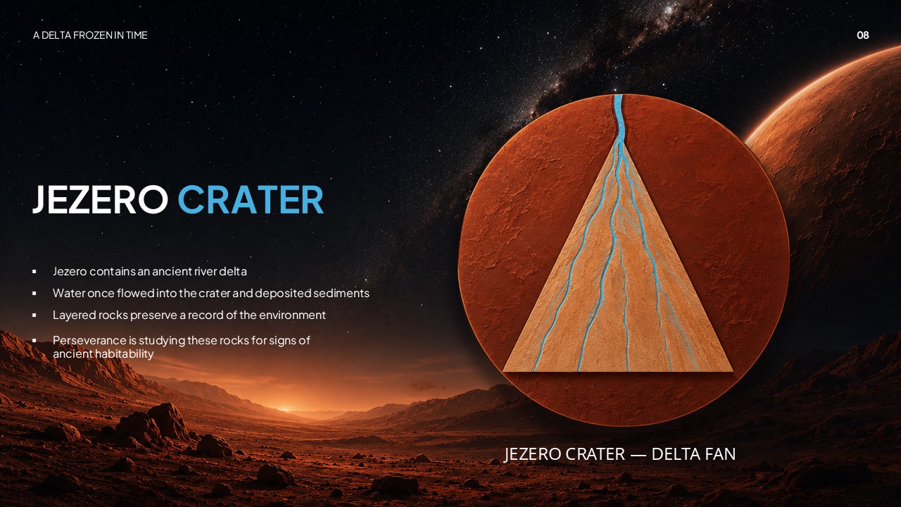 Ancient Mars Water Jezero Crater Delta Template - Circular delta fan diagram with blue river channel lines inside a Martian crater cross-section