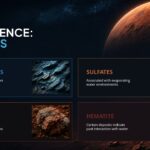 Ancient Mars Water Mineral Evidence Template - 2x2 grid showcasing four water-linked Mars minerals with rock imagery and color-coded category cards
