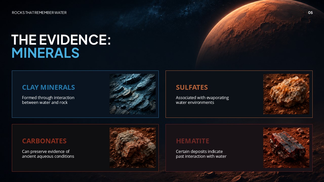 Ancient Mars Water Mineral Evidence Template - 2x2 grid showcasing four water-linked Mars minerals with rock imagery and color-coded category cards