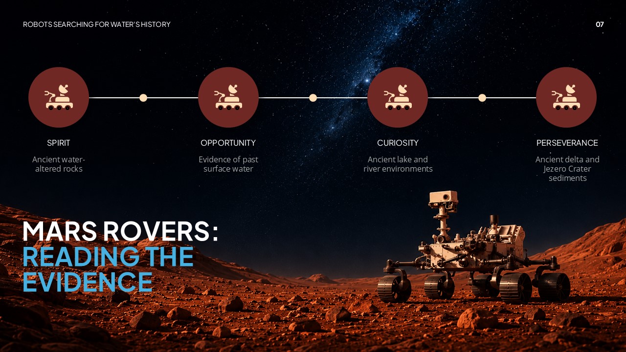 Ancient Mars Water Rover Missions Template - Four-node mission timeline from Spirit to Perseverance with rover discovery highlights and terrain imagery