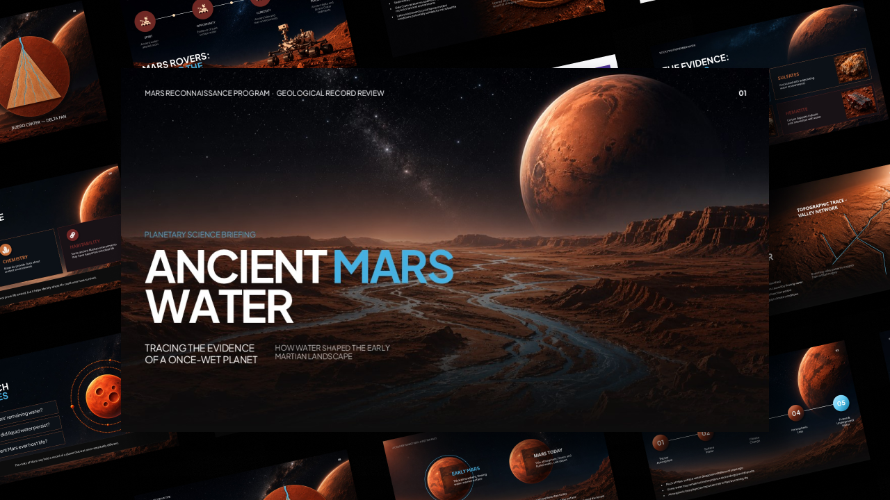Ancient Mars Water Template - Mosaic preview of 11 cinematic space science slides with dark navy and Martian rust design