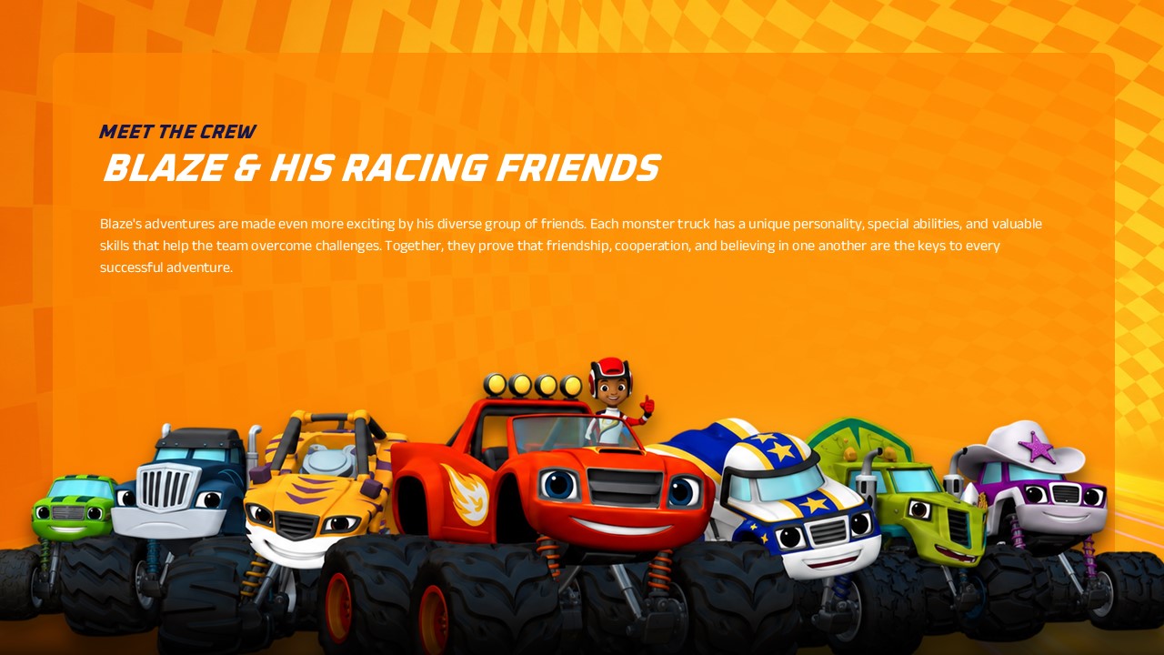 Blaze and the Monster Machines Template - Character profile slide to introduce AJ and Gabby with key role descriptions
