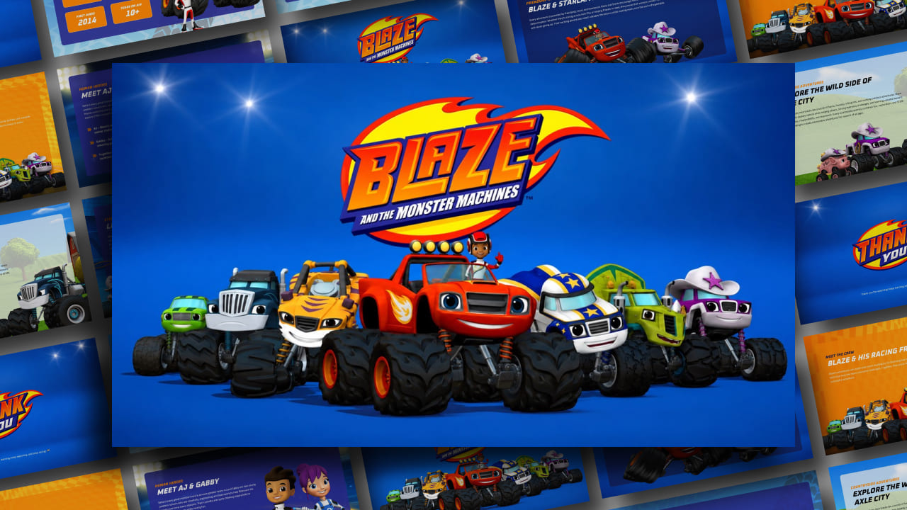 Blaze and the Monster Machines Template - Cover slide to open your branded presentation with the full character lineup