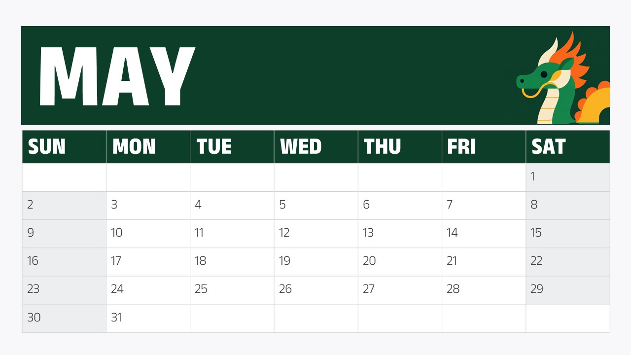 Calendar 2027 April - Monthly grid slide to present April planning and key dates