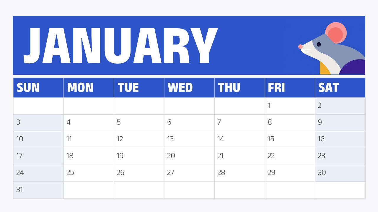 Calendar 2027 Google Slides Template - January monthly grid slide for planning and scheduling