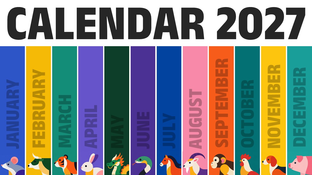 Calendar 2027 Template - Cover slide showcasing all 12 months with Chinese zodiac animals