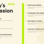 Client Meeting Presentation Template - two-column agenda slide with 7 numbered discussion topics and lime green divider