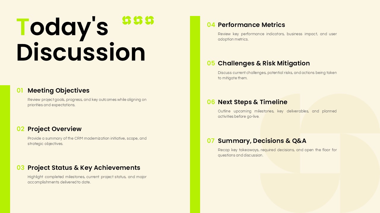 Client Meeting Presentation Template - two-column agenda slide with 7 numbered discussion topics and lime green divider