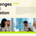 Client Meeting Presentation Template - editorial risk slide with bold title, narrative text block, and full-width team photo