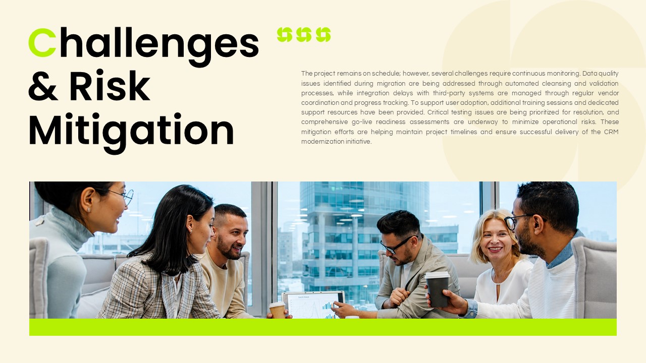 Client Meeting Presentation Template - editorial risk slide with bold title, narrative text block, and full-width team photo