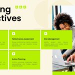 Client Meeting Presentation Template - five lime green objective cards with icons and a professional collaboration photo
