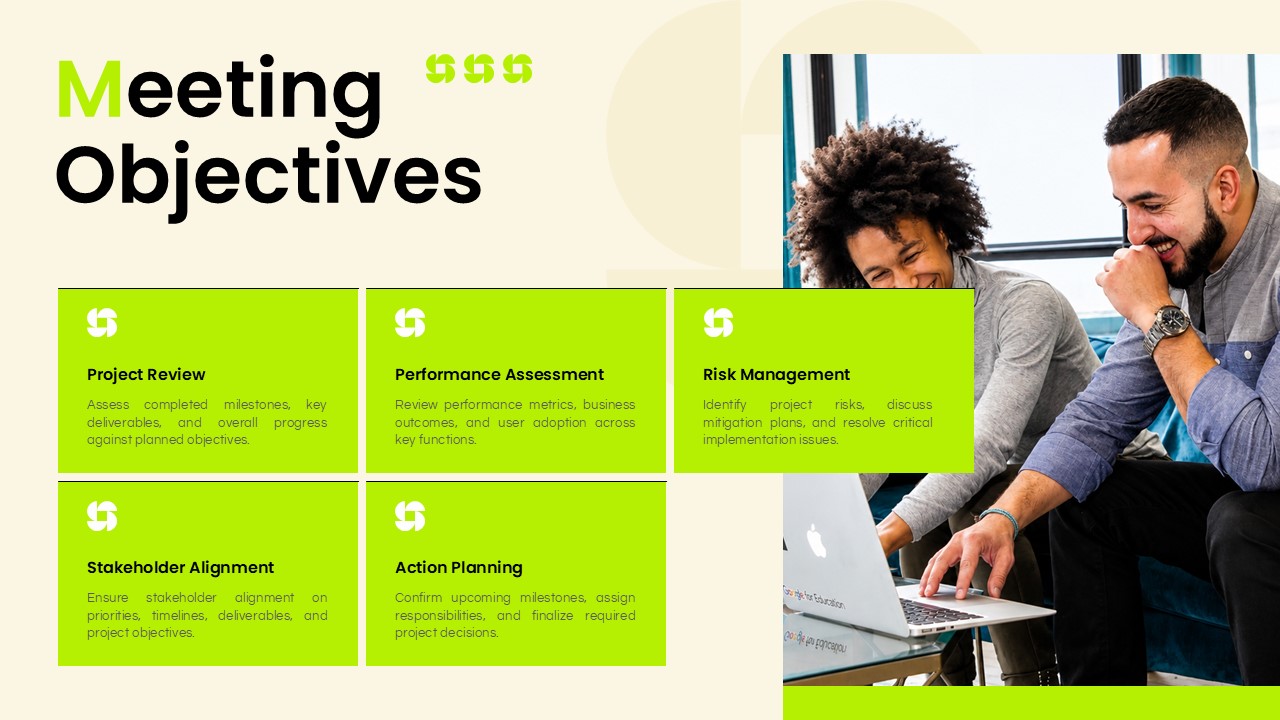 Client Meeting Presentation Template - five lime green objective cards with icons and a professional collaboration photo