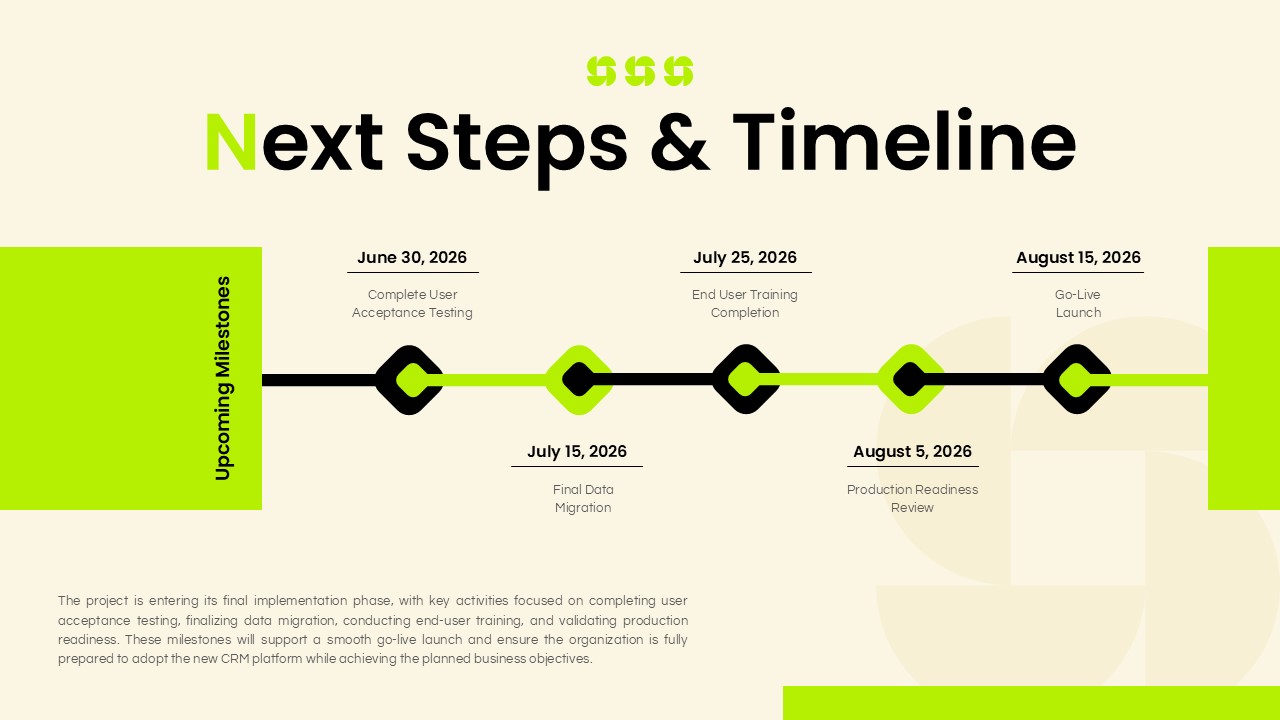 Client Meeting Presentation Template - horizontal five-milestone timeline from June to August 2026 with lime green nodes