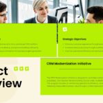 Client Meeting Presentation Template - project overview slide with full-width photo and three lime green content panels