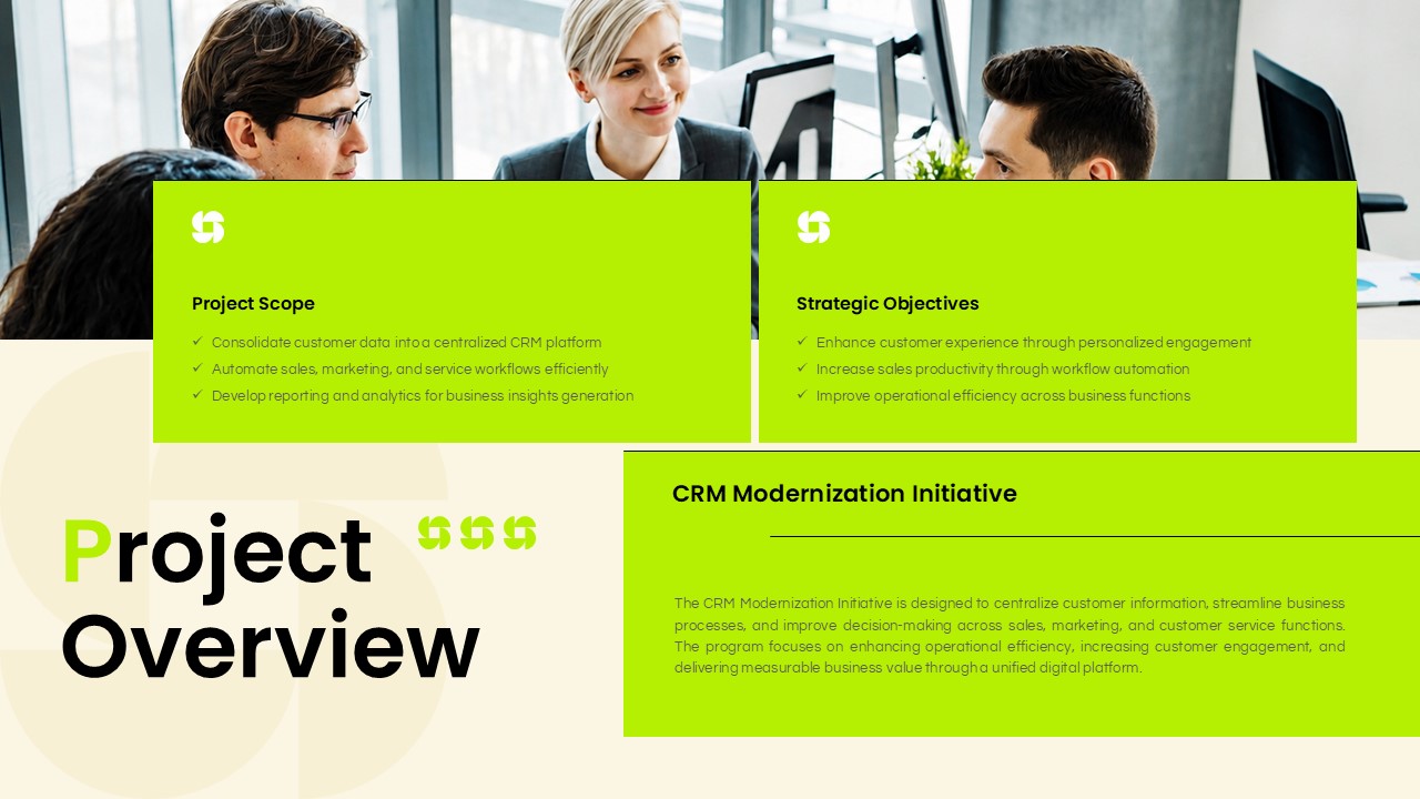 Client Meeting Presentation Template - project overview slide with full-width photo and three lime green content panels