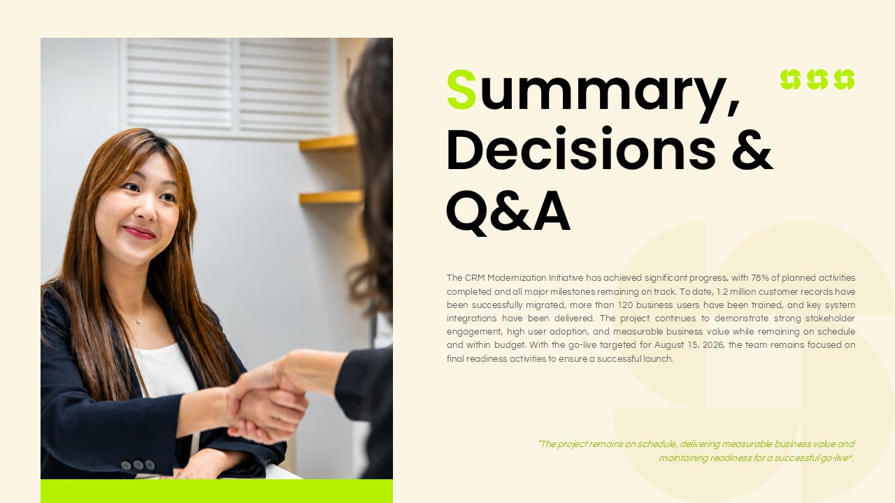 Client Meeting Presentation Template - summary slide with handshake photo, recap paragraph, and lime green closing quote