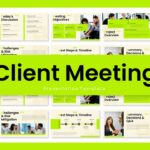 Client Meeting Presentation Template - mosaic preview of 11 slides in black, lime green, and cream palette