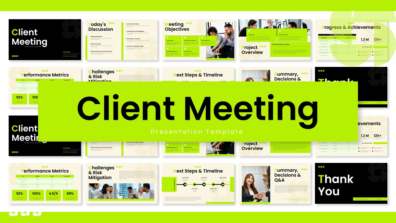 Client Meeting Presentation Template - mosaic preview of 11 slides in black, lime green, and cream palette