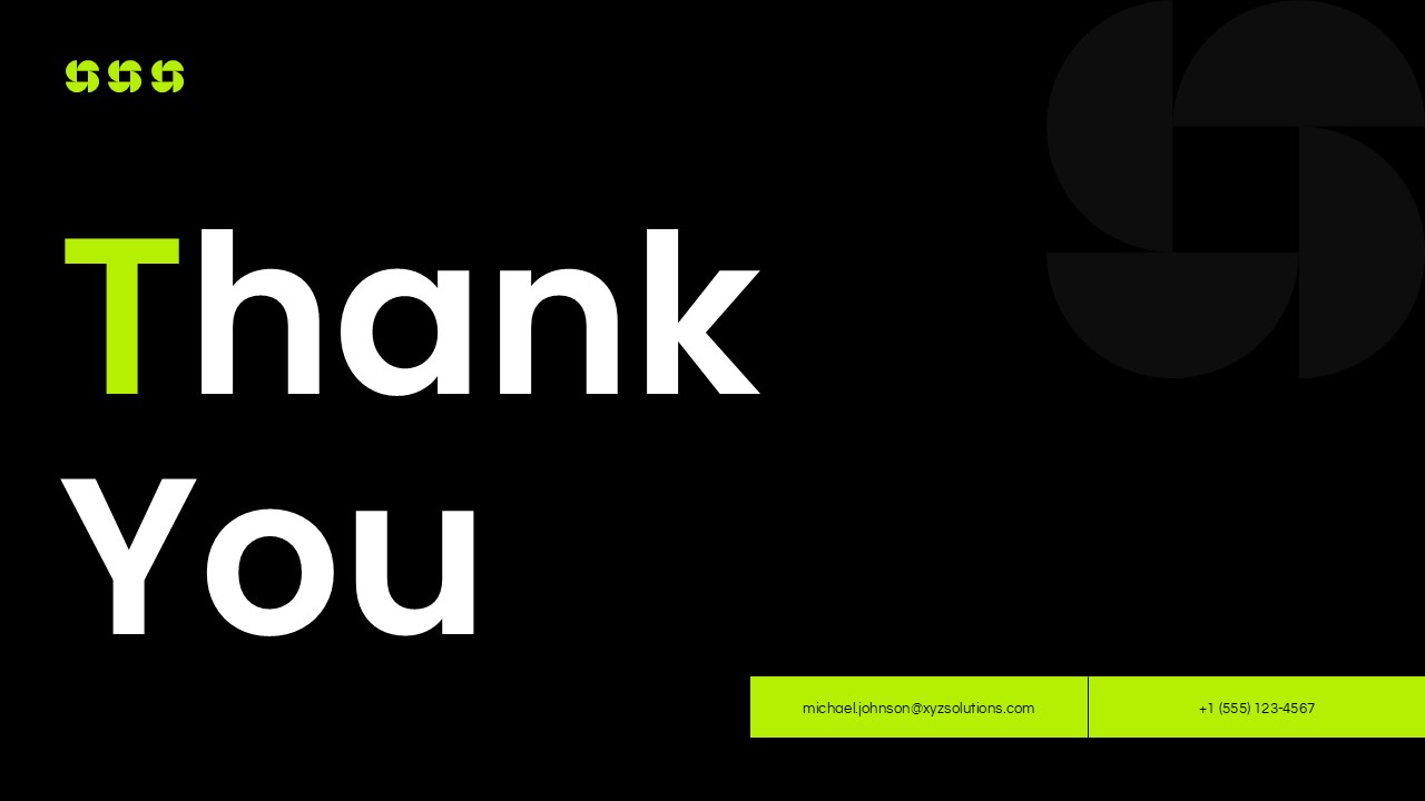 Client Meeting Presentation Template - black closing slide with oversized Thank You headline and two lime green contact boxes