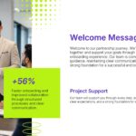 Client Onboarding About Us Template - Dual-panel slide with green feature cards and purple mission statement section