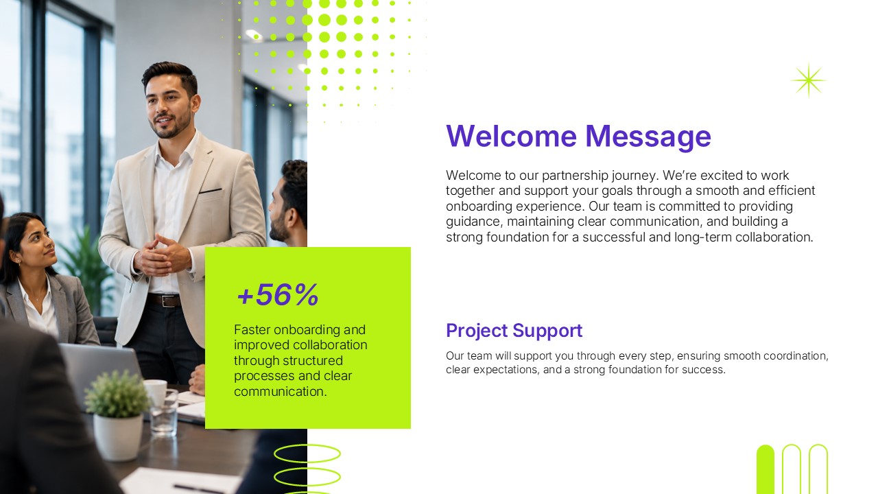 Client Onboarding About Us Template - Dual-panel slide with green feature cards and purple mission statement section
