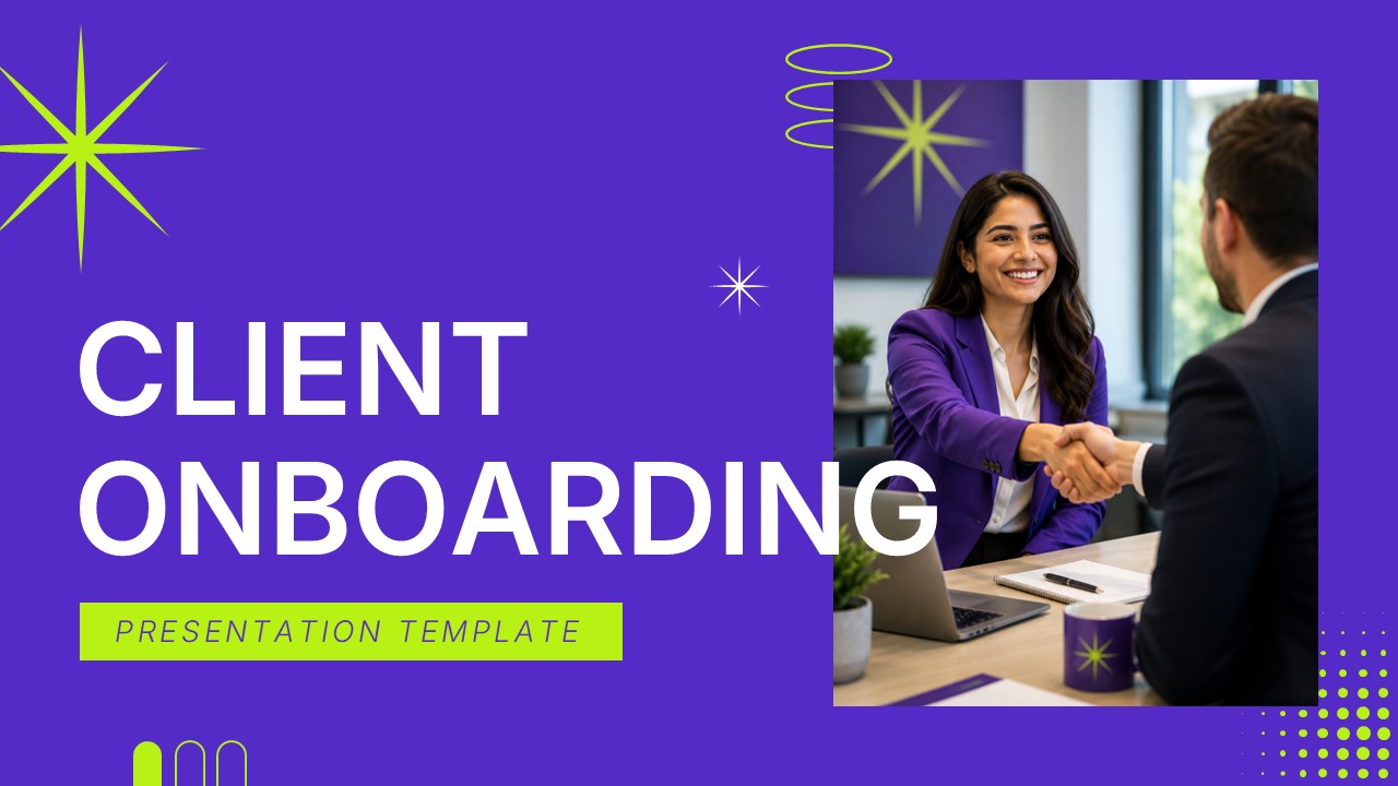 Client Onboarding Google Slides Template - Welcome slide with +56% stat callout, office photo, and purple headings
