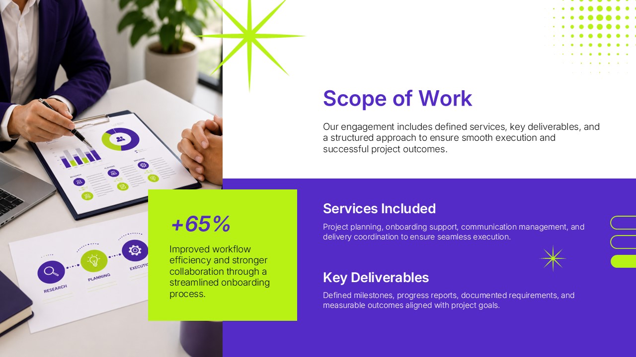 Client Onboarding Journey Template - Four-step process flow from Welcome to Kickoff with alternating purple and green cards
