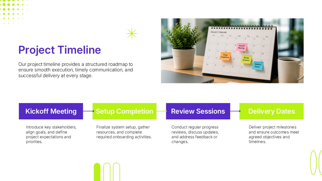 Client Onboarding Next Steps Template - Purple panel with action plan text beside a 2x2 grid of lime green action cards