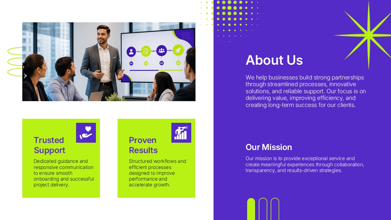 Client Onboarding Partnership Goals Template - Purple and green color-block slide outlining business goals and shared objectives