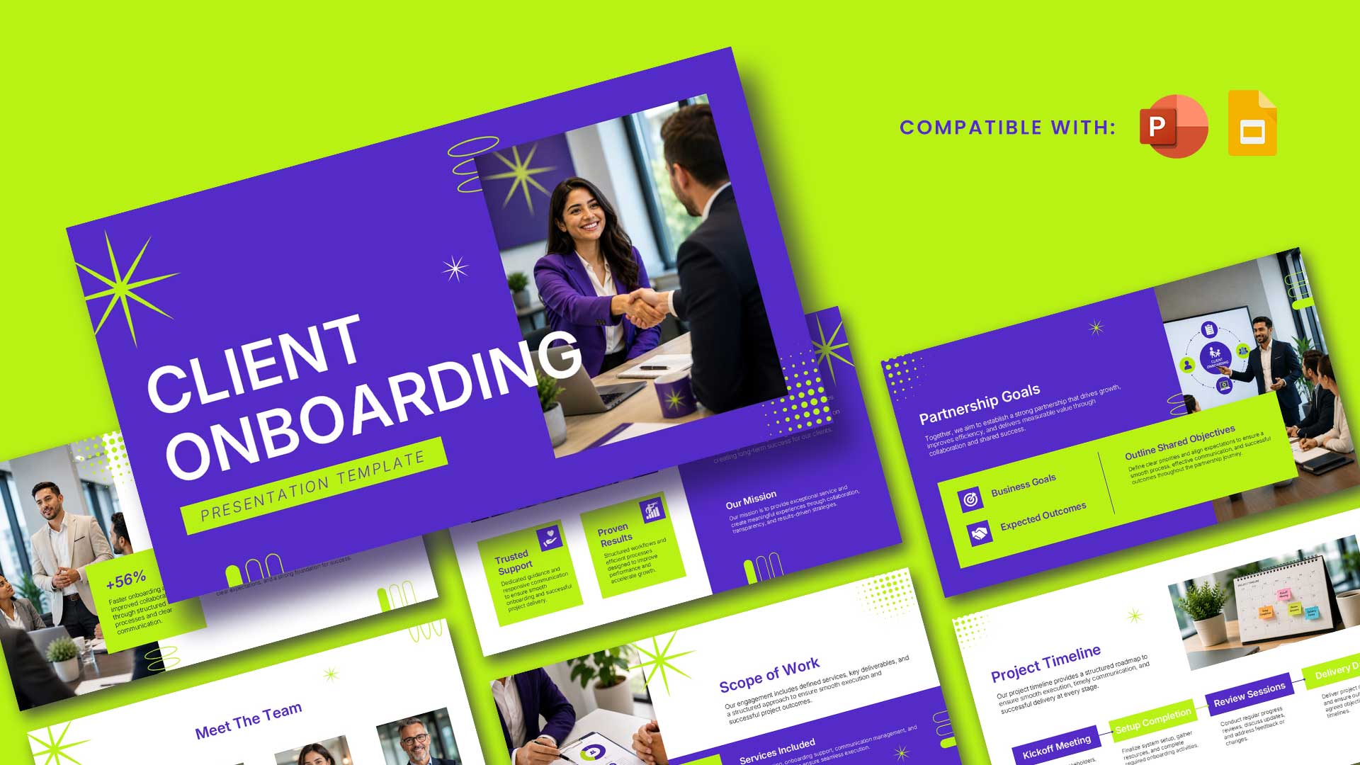 Client Onboarding Template - Bold purple cover slide with handshake photo, lime green accents, and starburst decor