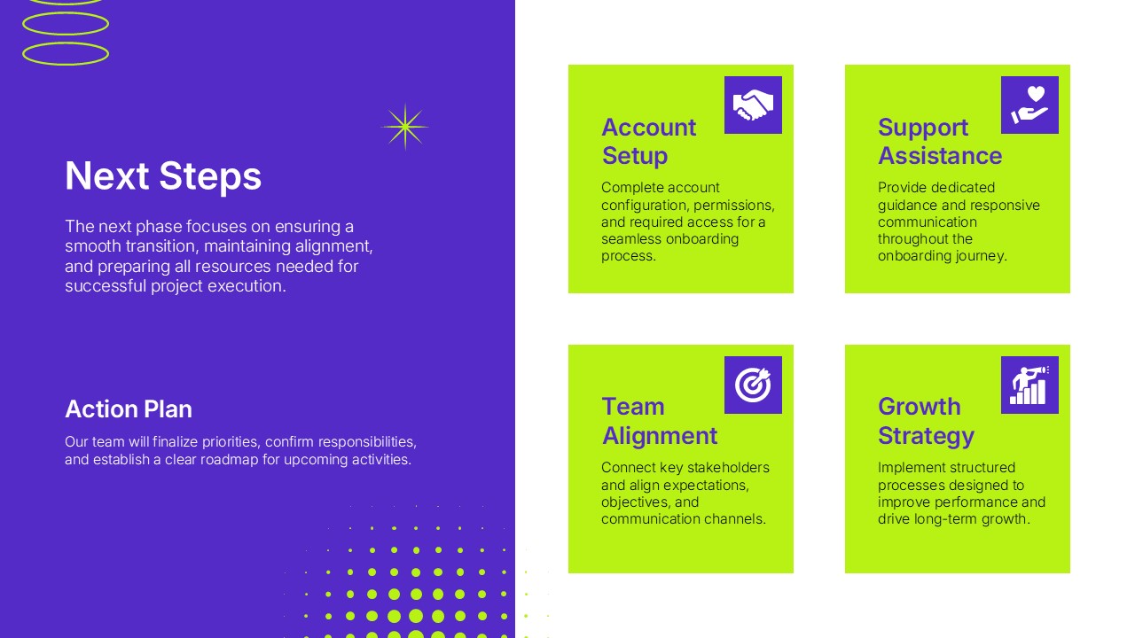 Client Onboarding Thank You Template - Deep purple closing slide with bold THANKS headline, green banner, and collaboration photo