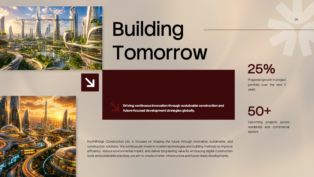 Construction Company Profile - Building Tomorrow vision slide with bold headline, mission statement, and two growth stats