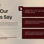 Construction Company Profile - What Our Clients Say slide with three stacked dark maroon testimonial quote cards
