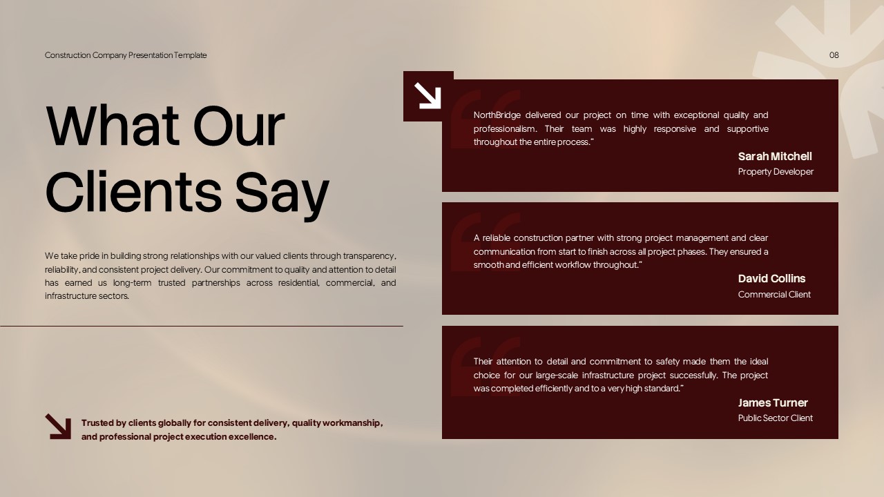 Construction Company Profile - What Our Clients Say slide with three stacked dark maroon testimonial quote cards