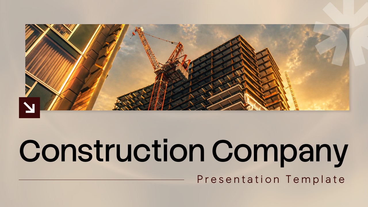 Construction Company Profile Template - cover slide with construction site photo and bold headline typography