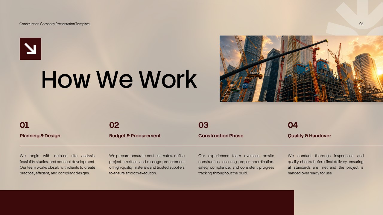 Construction Company Profile - How We Work slide with four-step process flow below a construction site photo