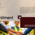 Construction Company Profile - Our Commitment slide with team photo, values paragraph, and dark maroon overlay panel