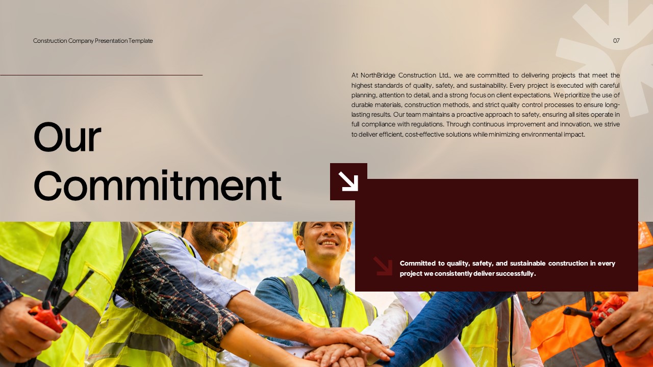 Construction Company Profile - Our Commitment slide with team photo, values paragraph, and dark maroon overlay panel