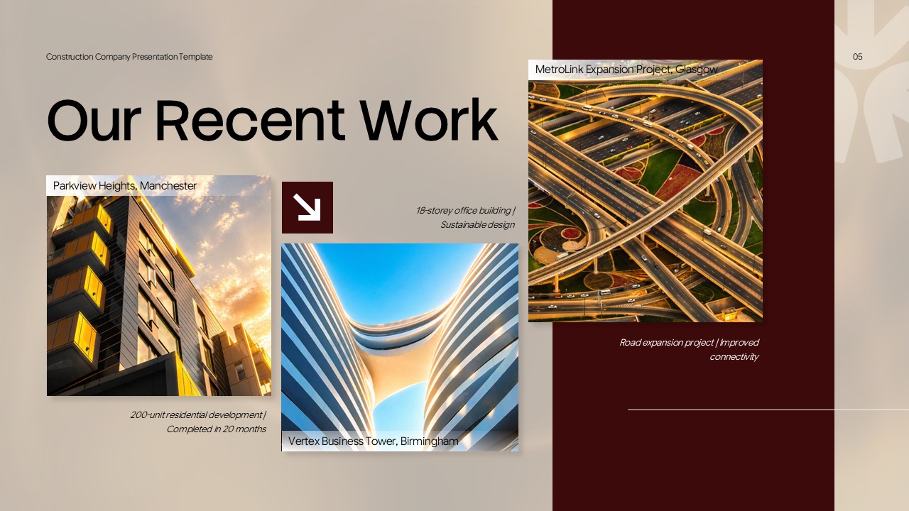 Construction Company Profile - Our Recent Work portfolio slide with three project photos in asymmetric collage layout