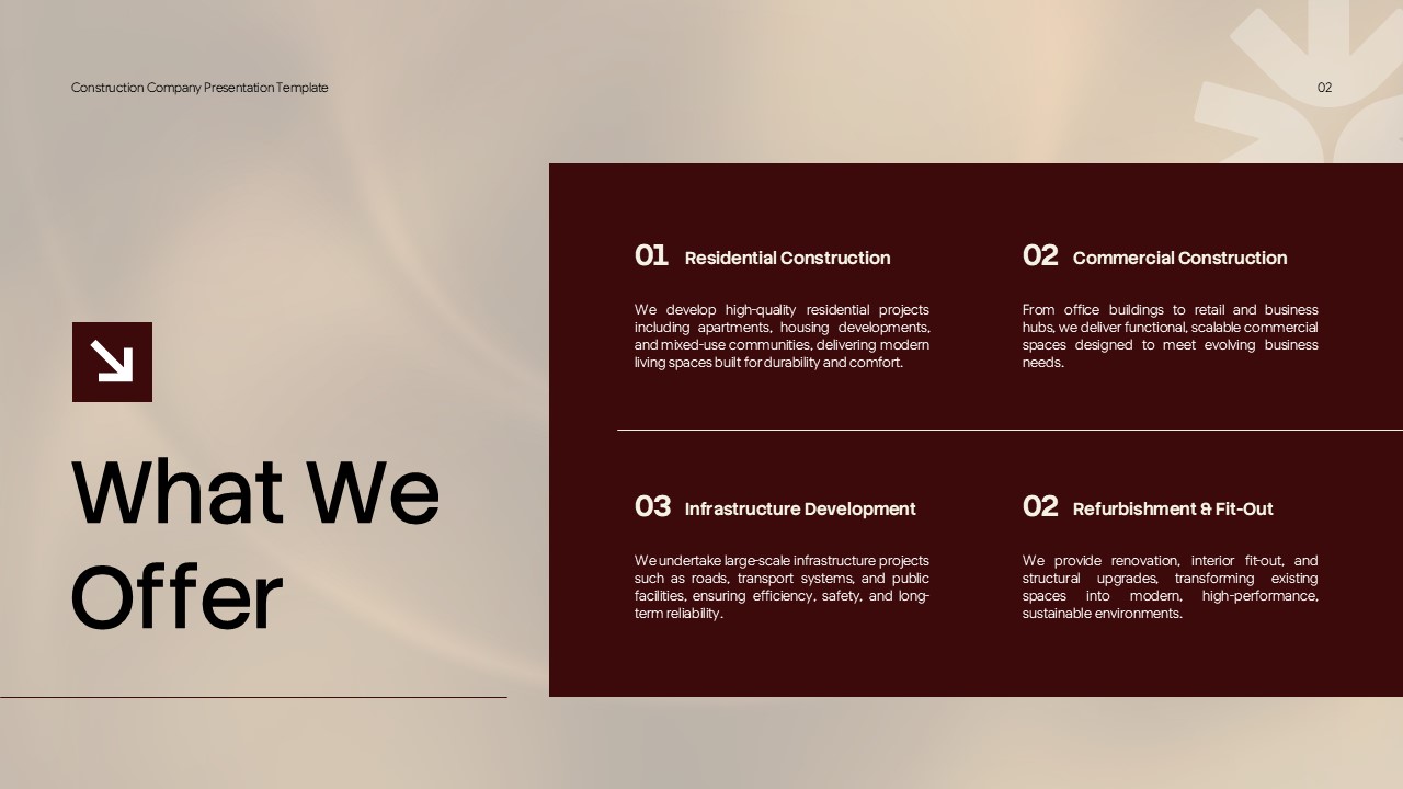 Construction Company Profile - What We Offer slide with four services in a dark maroon two-column grid layout